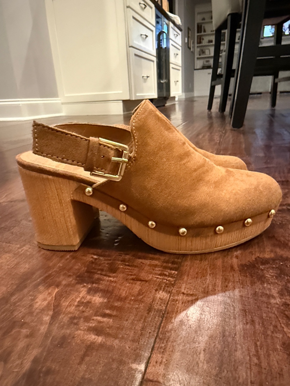 Time and Tru Tan Suede Studded Slingback Clogs